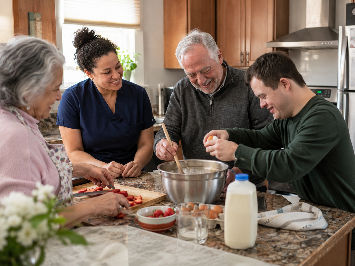 A caregiver and residents preparing a meal together at the kitchen counter