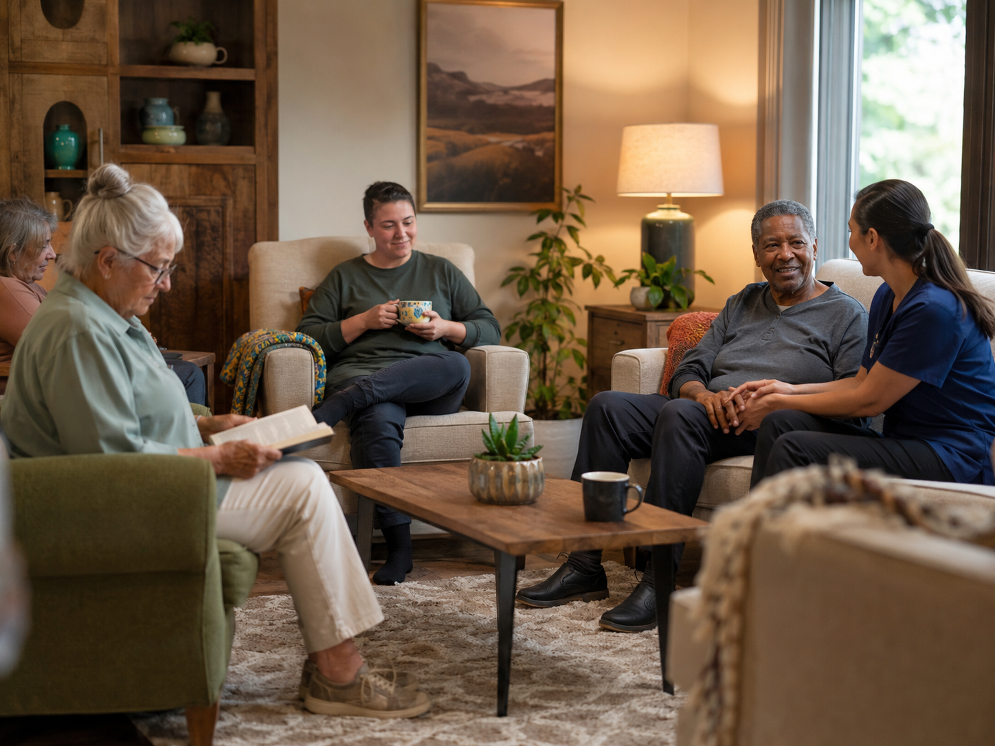 Residents and a caregiver relaxing together in a bright, warm living room