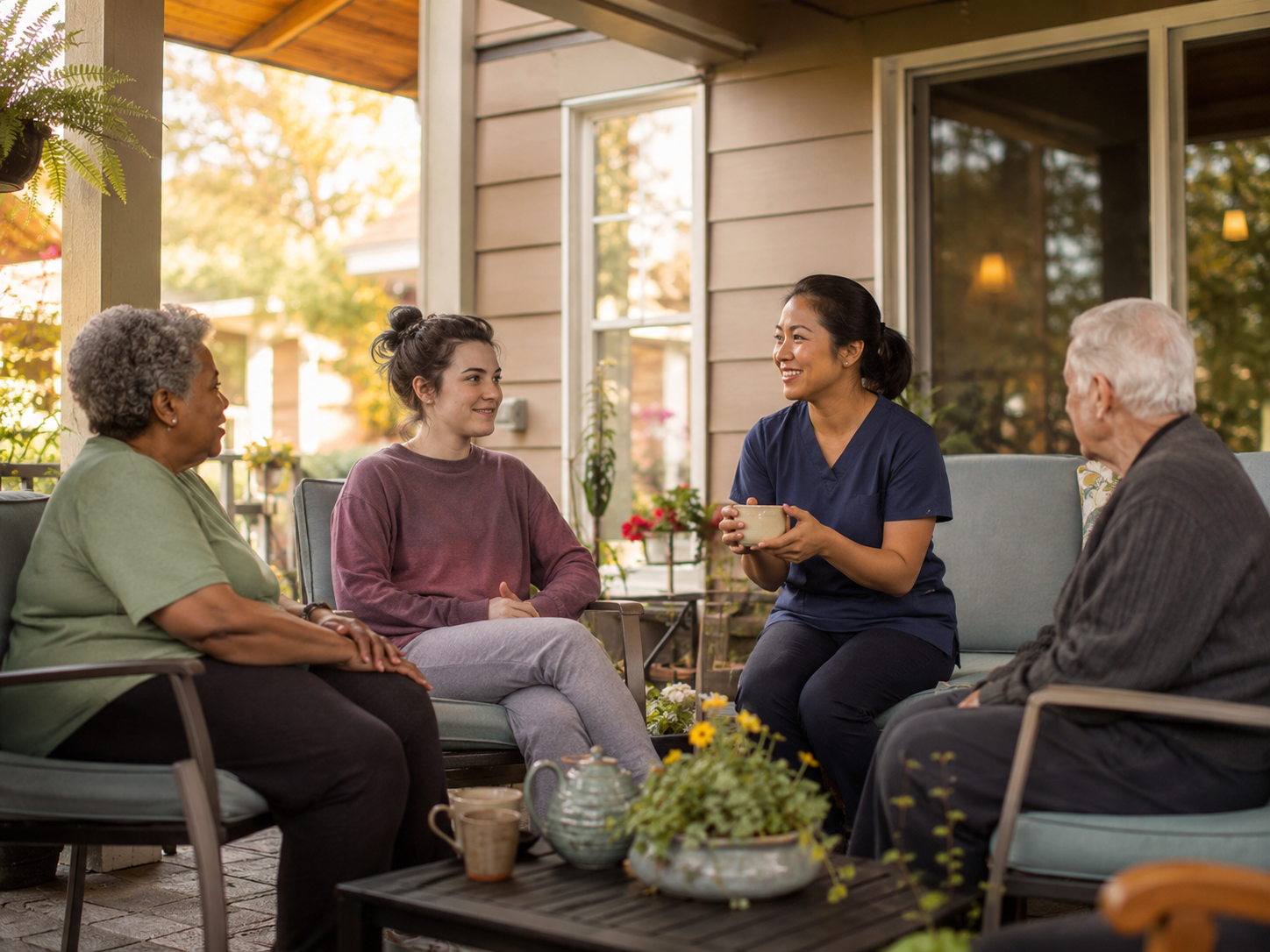 A calm care conversation between residents and a caregiver on the porch