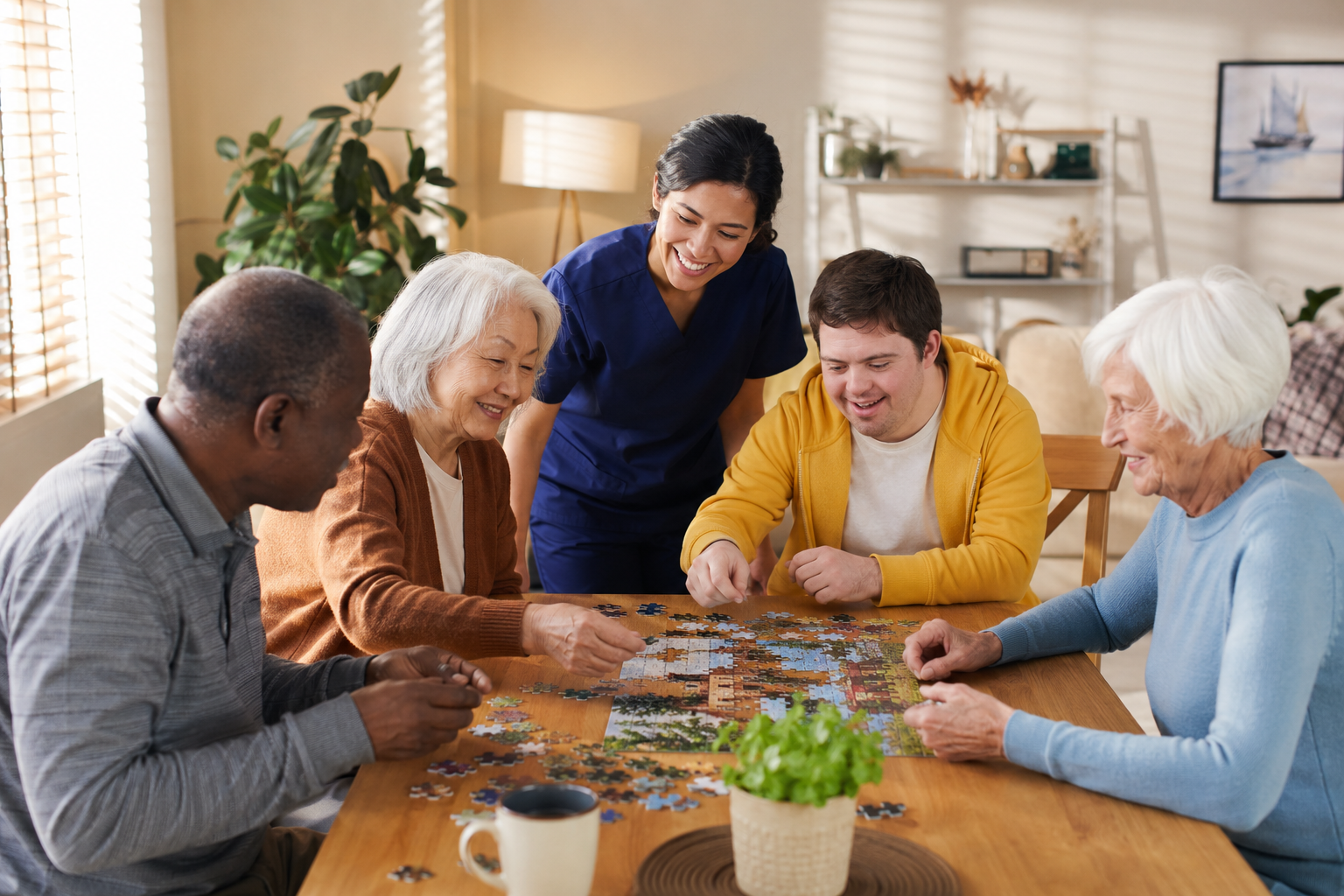 Residents working on a jigsaw puzzle together with a caregiver in a cozy room