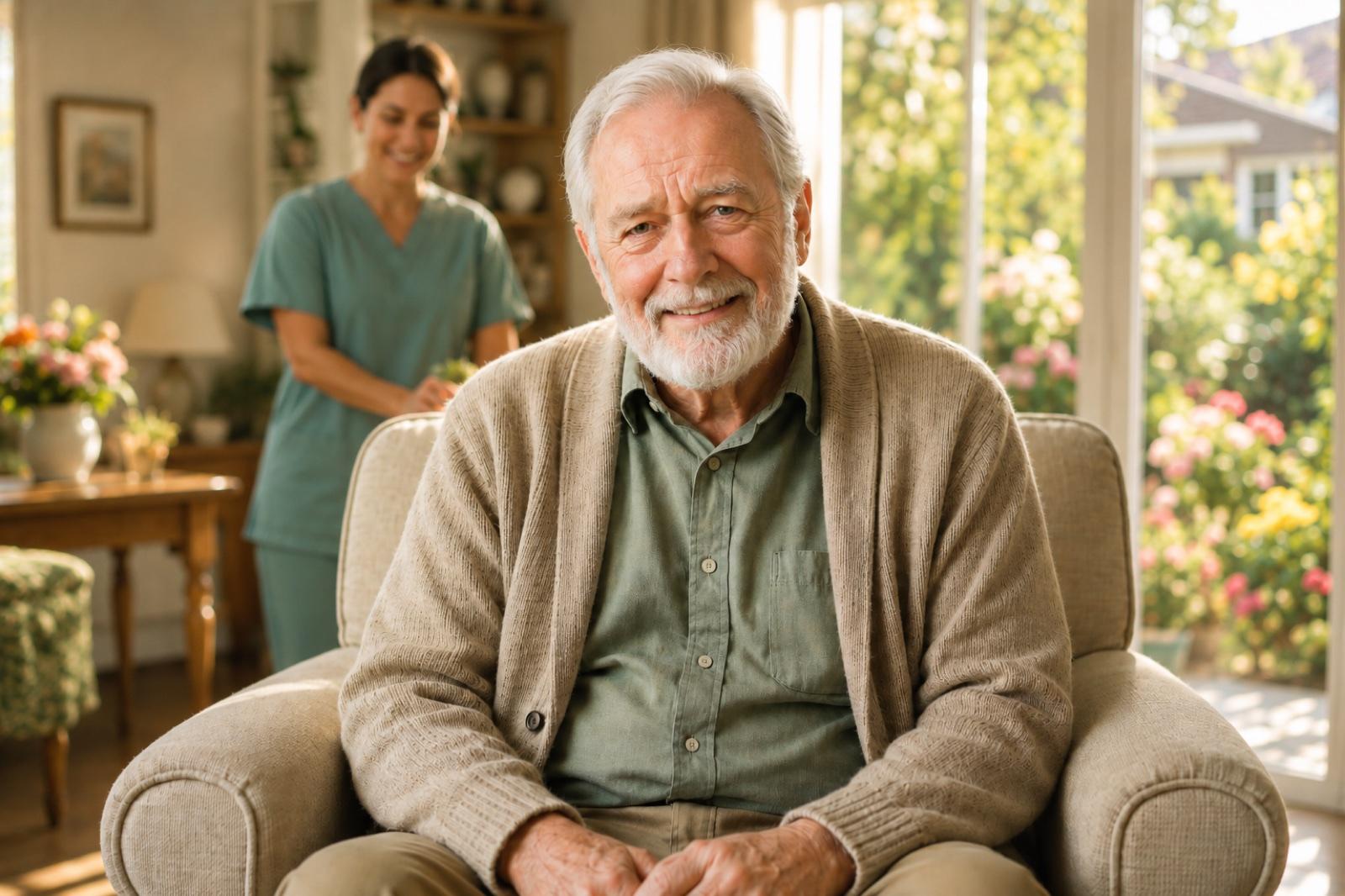Older man facing forward smiling warmly with adult family home visible in the background